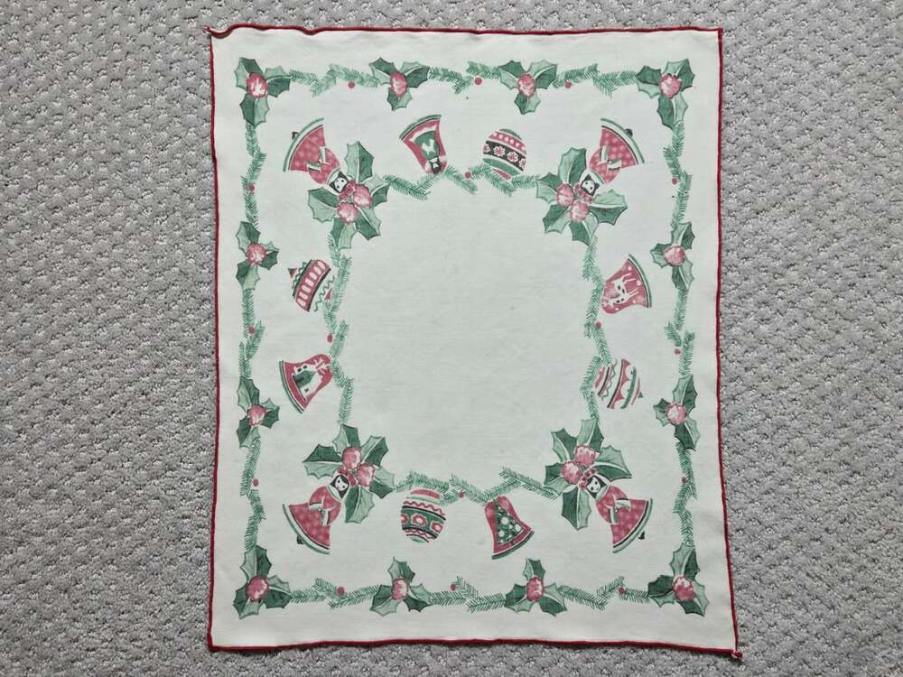 Vintage Christmas Holiday Bell And Holly Cloth Napkin